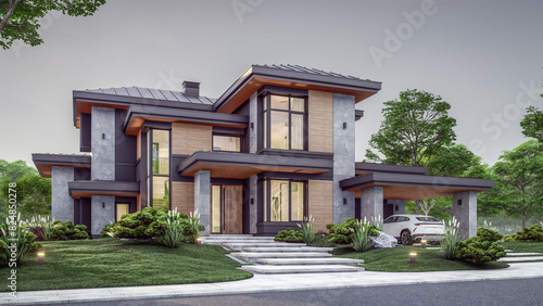 3d rendering of modern two story house with gray and wood accents, large windows, parking space in the right side of the building. Clear summer evening with cozy light from window