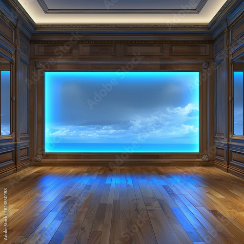 Clean  elegant room with a wooden frame and a sky blue light border on wooden flooring.