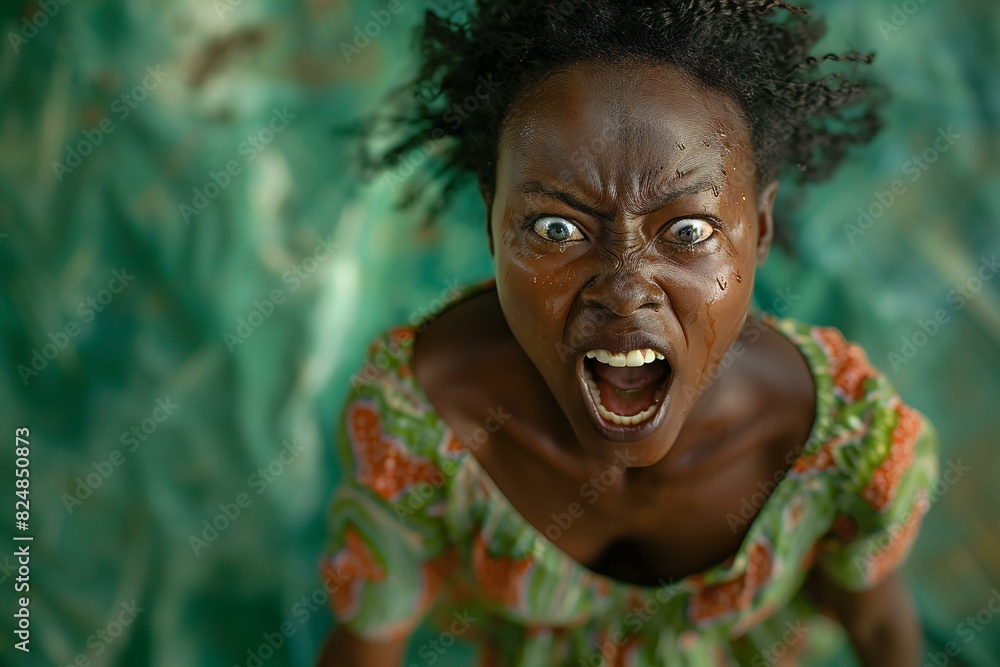 Depicting a attractive young african woman screaming on a green background
