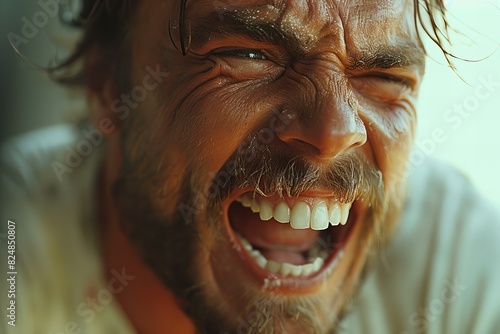 A smiling man yelling on a grey background, high quality, high resolution