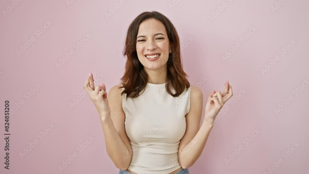 Young, beautiful hispanic woman, eyes closed in hope, crosses fingers and smiles over pink isolated background. wearing sleeveless t-shirt, she stands, gesturing a superstitious sign of luck. Young, beautiful hispanic woman, eyes closed in hope, crosses fingers and smiles over pink isolated background. wearing sleeveless t-shirt, she stands, gesturing a superstitious sign of luck.