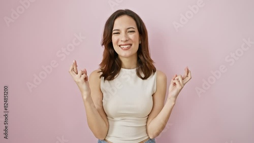 Young, beautiful hispanic woman, eyes closed in hope, crosses fingers and smiles over pink isolated background. wearing sleeveless t-shirt, she stands, gesturing a superstitious sign of luck. photo