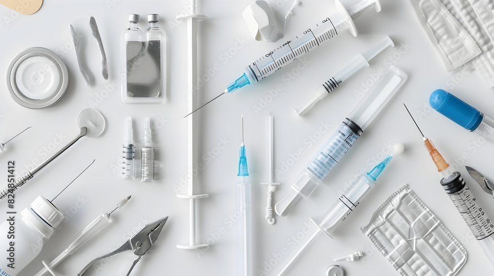 Detailed Medical Instruments and Diagnostic Tools on White Background Detailed Medical Instruments and Diagnostic Tools on White Background