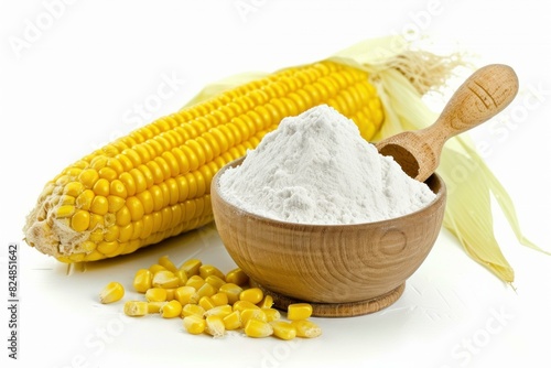 Ear of corn next to a bowl of cornflour with kernels, isolated on white photo
