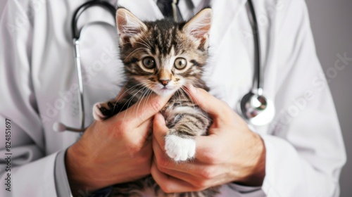 A friendly veterinarian holding a fluffy kitten, carefully checking its ears, with the kitten looking curious and at ease.