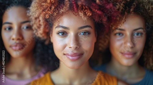 A beautifully focused portrait of three diverse and attractive women smiling photo