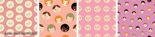 Bundle of four seamless patterns, pleasant girlish faces. Various endless backgrounds, girl countenance, simple design for branding, fabric.