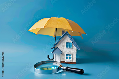Umbrella protecting house, magnifying glass on blue background, insurance.