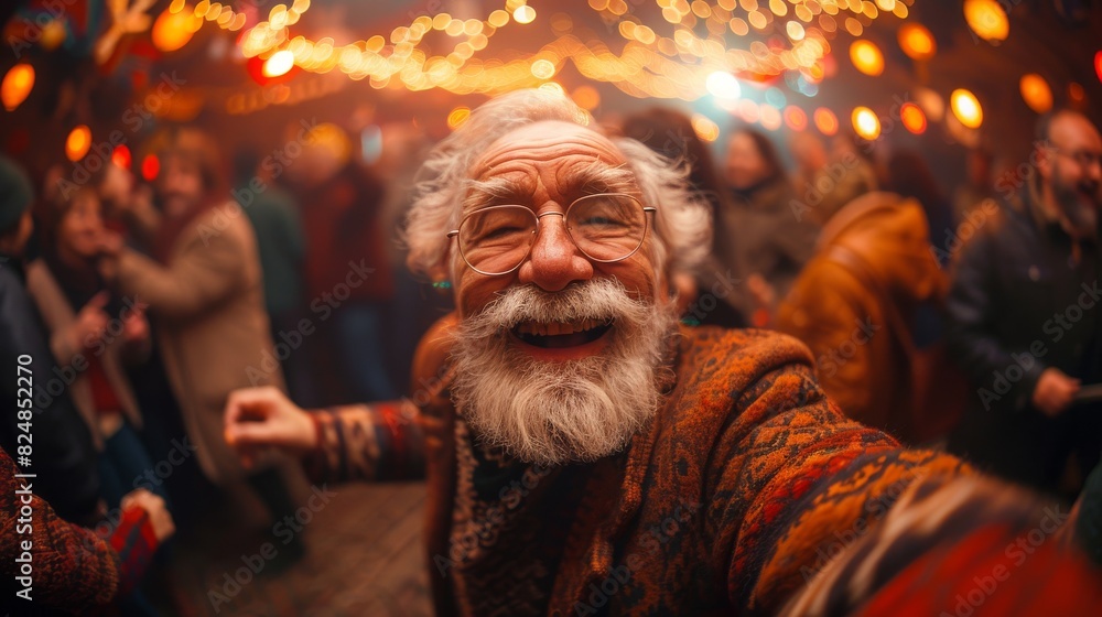 Happy elderly man with a bearded smile enjoying a festive atmosphere