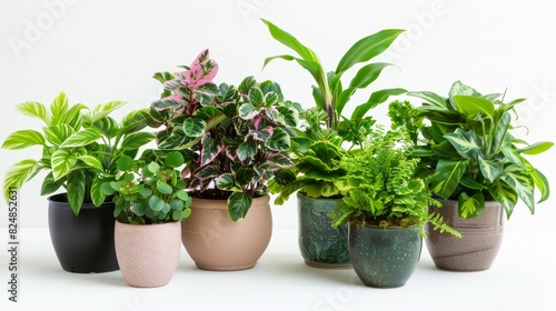 close up potted houseplants on white background
