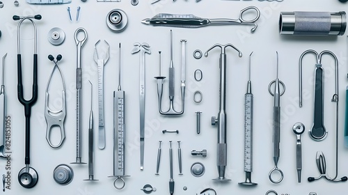 Meticulously Displayed Surgical Instruments and Medical Equipment Catalog Style,Pristine White Background,Intricate Mechanical