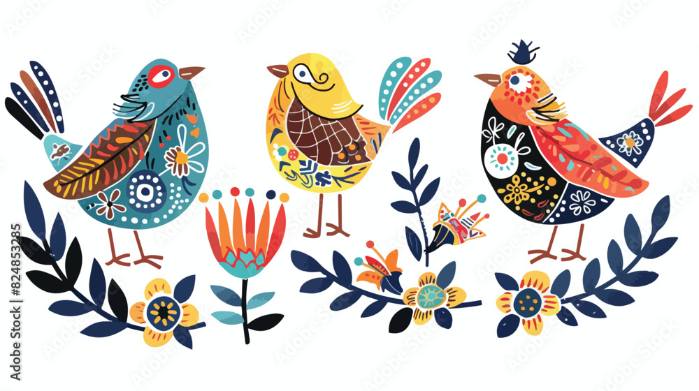 Ethnic folk birds. Decorative bird with flower wing style