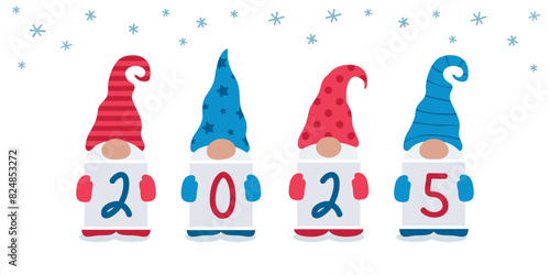 christmas and new year greeting card 2025 cute christmas dwarf vector illustration