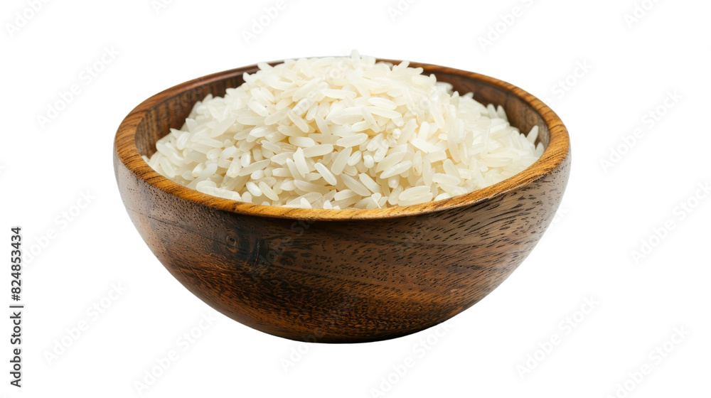 A wooden bowl filled with rice sits on a clean white background A wooden bowl filled with rice sits on a clean white background