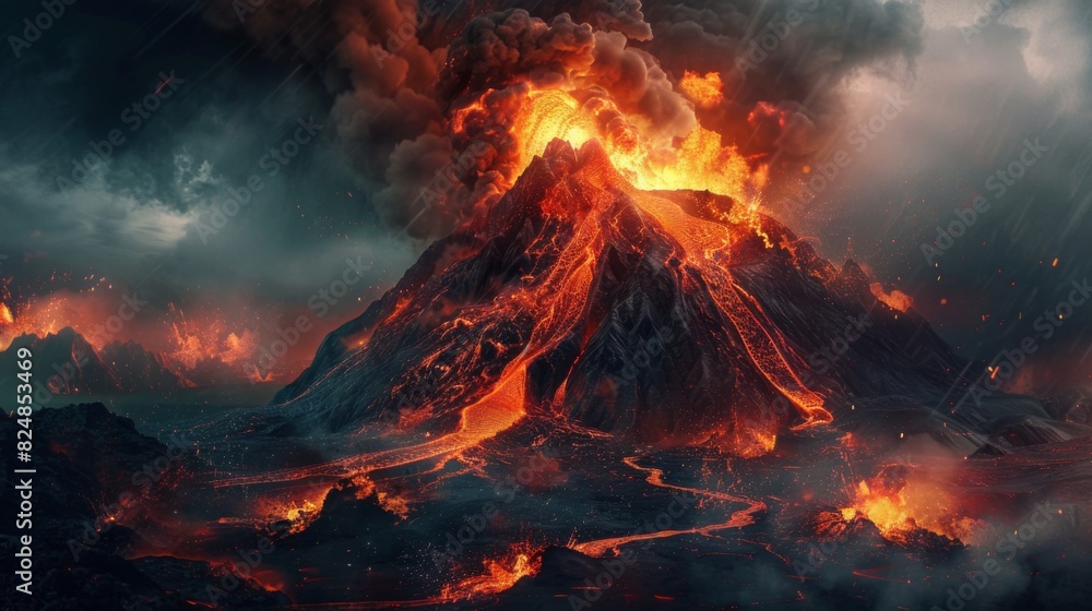 Volcano erupting hot lava and gases into the atmosphere. Lava spurting out of crater and smoke cloud Volcano erupting hot lava and gases into the atmosphere. Lava spurting out of crater and smoke cloud