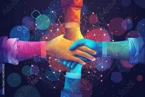multinational business team connecting hands in unity with digital technology concept wide angle illustration photo