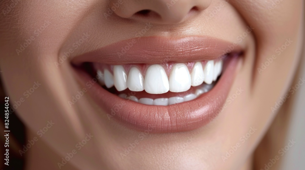 Fototapeta premium Perfect healthy teeth smile of young woman. Teeth whitening. Dental clinic patient. 