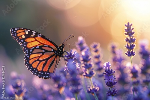 Depicting a  monarch butterfly is resting on lavenders, high quality, high resolution photo
