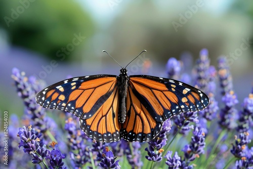 A monarch butterfly is resting on lavenders, high quality, high resolution