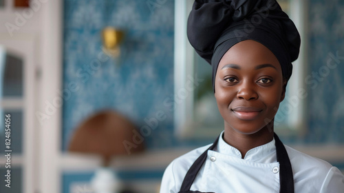 Happy black chambermaid working in hotel and looking at camera, with professional tones of white and blue, moderate depth with hotel details, confident expression, and clean surroundings.