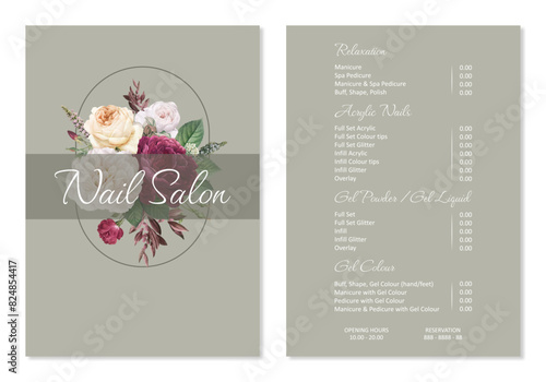  Vector Illustration sticker business card for nail salon decorated with botanical art texture with pricelist and special offer. A4 printable template