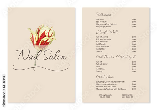 Vector Illustration sticker business card for nail salon decorated with botanical art texture with pricelist and special offer. A4 printable template
