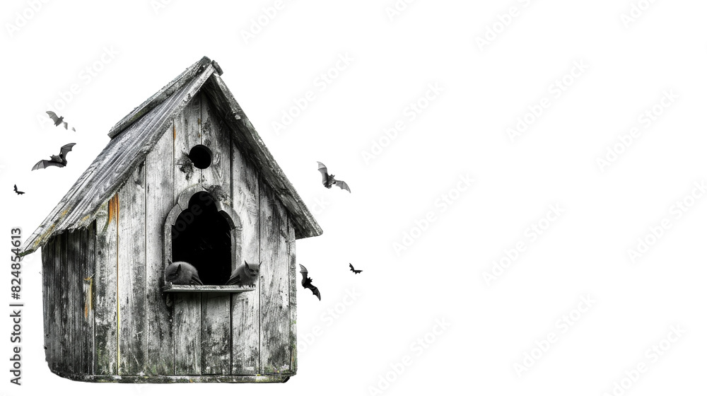A wooden birdhouse with a window, surrounded by birds in flight A wooden birdhouse with a window, surrounded by birds in flight
