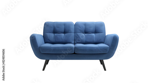 A blue couch rests on top of a clean white floor, creating a simple and modern living space