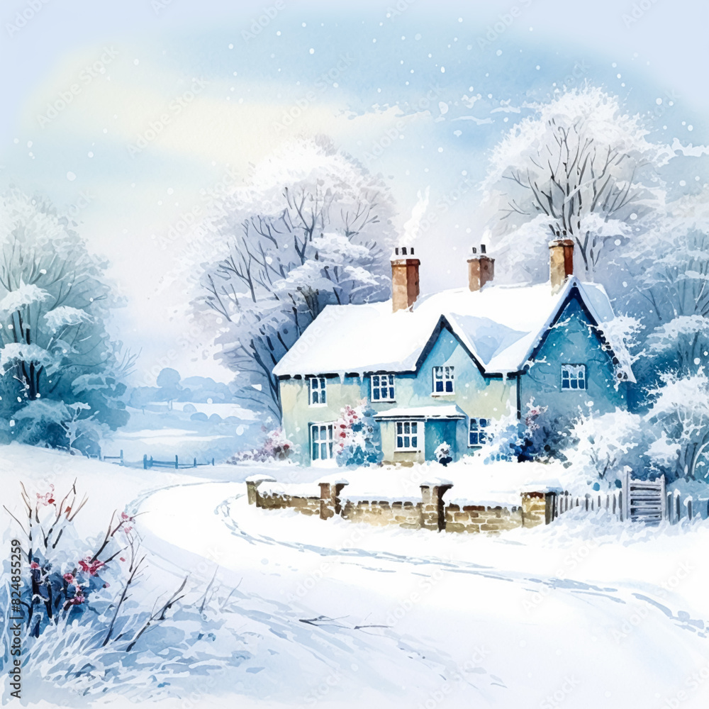 Fototapeta premium Merry Christmas and Happy Holidays, watercolour printable art print, English countryside cottage as snow winter holiday Christmas card, thank you and diy greeting card design, country style idea
