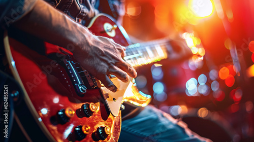 Electric guitar player on stage. Close-up of a guitarist's hands playing an electric guitar during a live concert with colorful stage lights in the background.