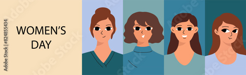 Banner with different women. Cute girlish face. Woman's day concept. Flat vector cartoon design.