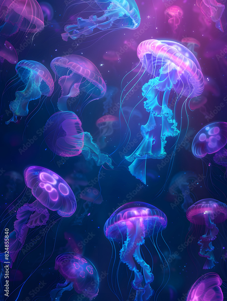 Ethereal Underwater Scene: Bioluminescent Jellyfish, Iridescent Fish, and Mythological Creatures in Vector Art Ethereal Underwater Scene: Bioluminescent Jellyfish, Iridescent Fish, and Mythological Creatures in Vector Art