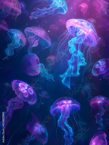 Ethereal Underwater Scene: Bioluminescent Jellyfish, Iridescent Fish, and Mythological Creatures in Vector Art