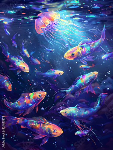Mesmerizing Underwater Scene: Bioluminescent Jellyfish and Iridescent Fish with Mythological Beasts in Vector Art