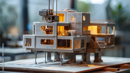 High-tech construction with a 3D printer, focus on the innovative building process and machinery