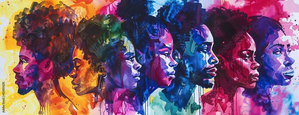 A group of diverse women with different skin tones and hair textures are depicted in a painting A group of diverse women with different skin tones and hair textures are depicted in a painting