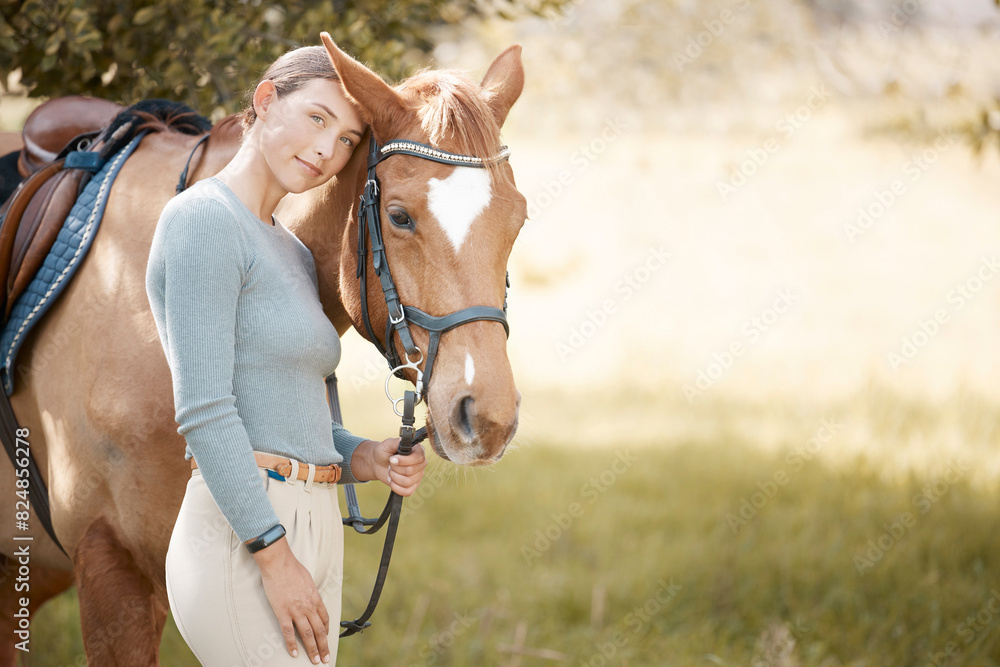 Obraz premium Woman, nature and portrait with horse rider, equestrian and animal lover with happy smile in countryside for hobby. Recreation, Argentina and female person on ranch, horsemanship on holiday sport