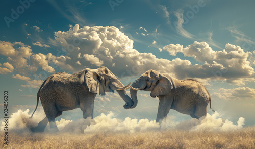 Two elephants fighting in the savannah, under an epic sky with a cloud shaped like one elephant facing another elephant.  photo