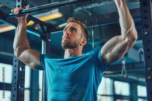 muscular man in electric blue tshirt performing pullups at city gym strength training