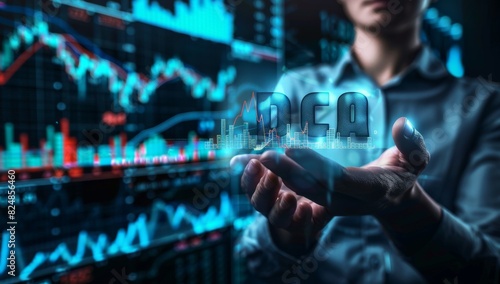 Businessman holding the word idea with financial graphs in the background