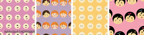 Four creative patterns pack, pleasant girlish faces. Seamless design for stationery, branding, female portrait, repeating backdrop.