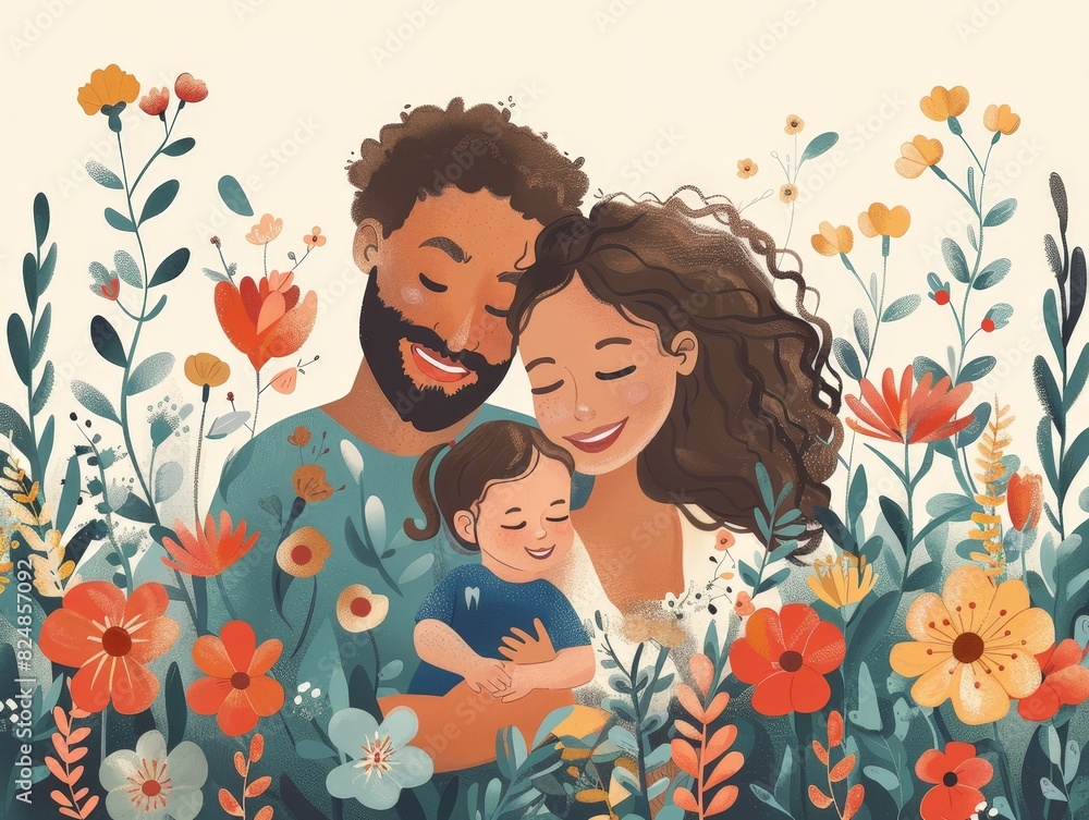 Man and Woman Holding Child in Field of Flowers Man and Woman Holding Child in Field of Flowers
