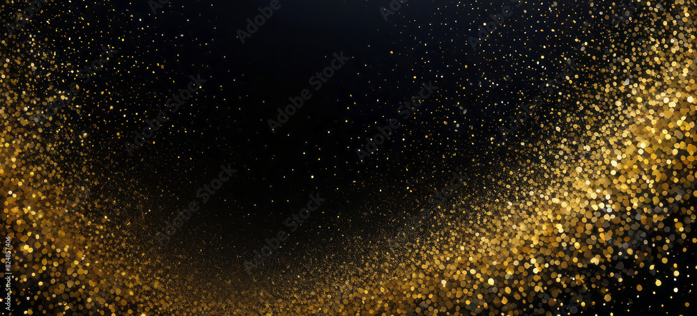 Fototapeta premium Abstract gold glitter lights on black background for banner. Blurred bokeh. Backdrop for Christmas, New Year greeting cards, Valentines day, Womens day, holiday or event