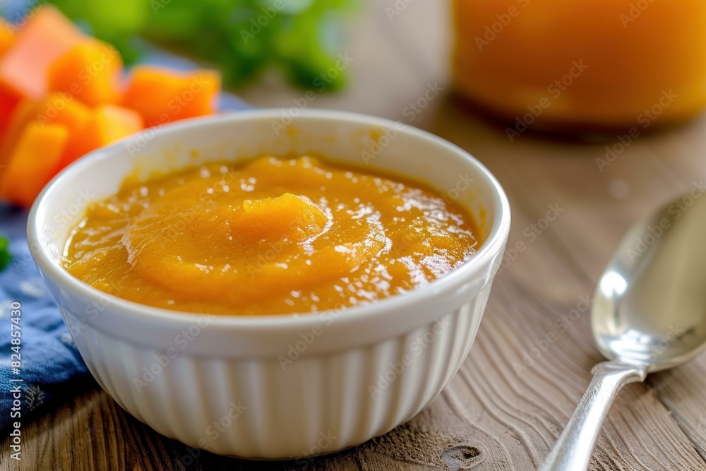 Tantalizing bowl of creamy carrot soup served on a wooden table with fresh ingredients in the background Tantalizing bowl of creamy carrot soup served on a wooden table with fresh ingredients in the background
