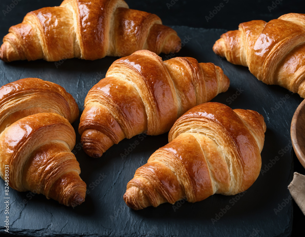 Golden Croissants on Black Slate Surface Golden Croissants on Black Slate Surface