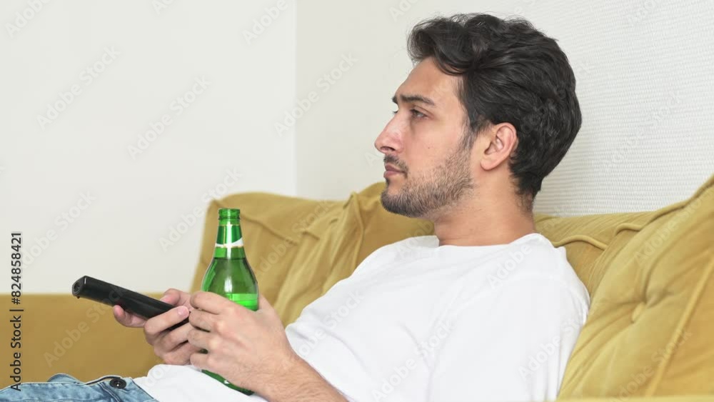 Handsome man lying on the couch and watching tv and drinking alcohol Handsome man lying on the couch and watching tv and drinking alcohol