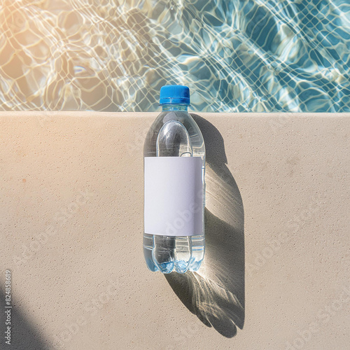 Top view photo water bottle with label with sun shining alongside a pool; mock-up