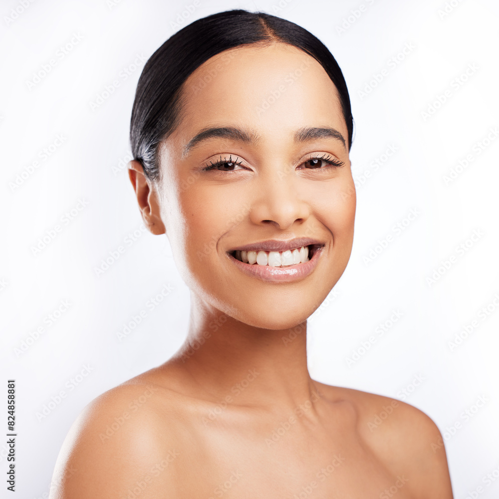 Obraz premium Skincare, model and smile for wellness, aesthetic and routine facial treatment. Spa, beauty and skin glow for dermatology on white studio background with black woman, cosmetics and collagen shine