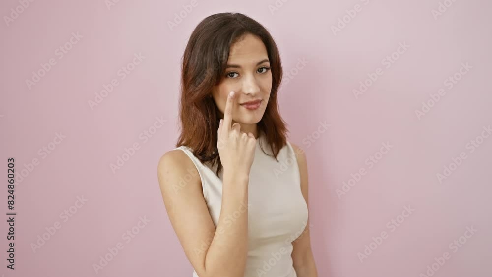 Young, beautiful hispanic woman standing with a suspicious expression, donned in a sleeveless t-shirt, pointing to her eye in a 'watching you' gesture. all this over an isolated pink background Young, beautiful hispanic woman standing with a suspicious expression, donned in a sleeveless t-shirt, pointing to her eye in a 'watching you' gesture. all this over an isolated pink background