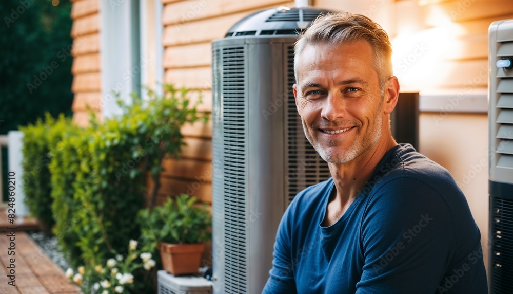 Fototapeta premium Close up of a smiling male against garden terrace in front of an air heat pump